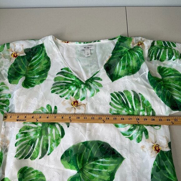 WHBM Flowy Blouse Size L White Green Tropical Palm V-Neck Vacation Beach - Picture 5 of 9